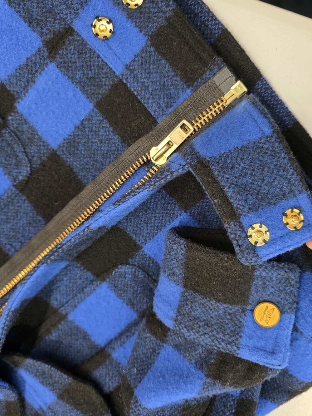 Smythe Wool Black & Electric Blue Buffalo Checks barn jacket with Faux Fur Trim - Picture 16 of 16